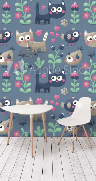 Bild på Seamless cute winter pattern made with cats flowers plants footmark hearts berries